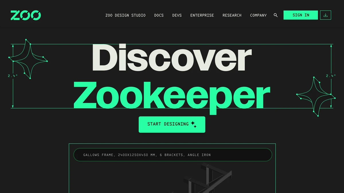 Zoo homepage showing the heading Discover Zookeeper on a dark background with a Start Designing button and a prompt box reading gallows frame 2400x1250x450 mm 6 brackets angle iron