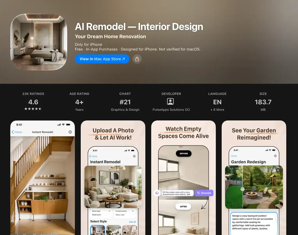 The AI Remodel Interior Design App Store listing showing 23 thousand ratings at 4.6 stars, chart position 21 in Graphics and Design, developer PulseApps Solutions OU and a 183.7 megabyte size, above screenshots for instant remodel, upload a photo and let AI work, and see your garden reimagined