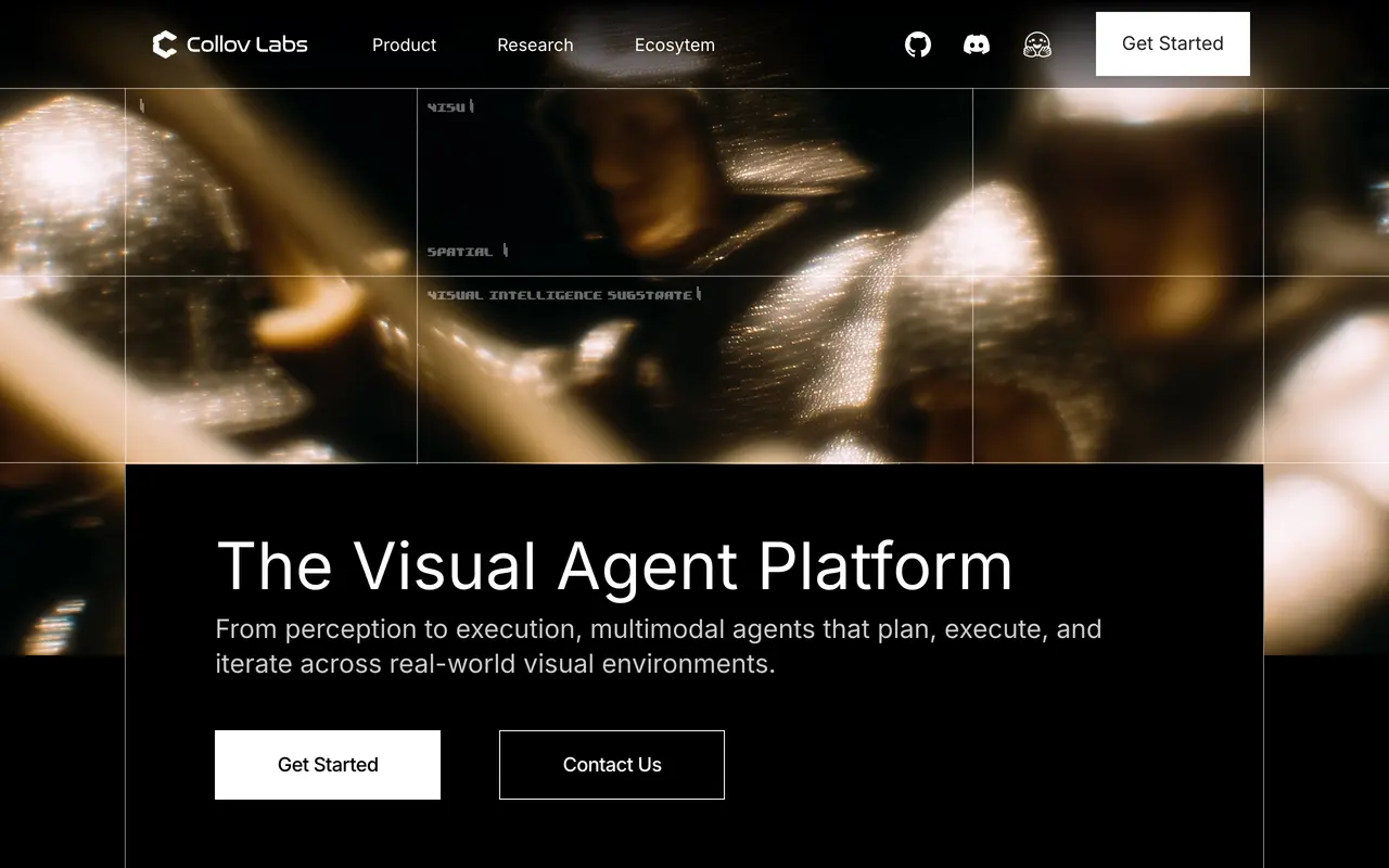 The Collov landing page headlined the visual agent platform, describing multimodal agents that plan, execute and iterate across real world visual environments