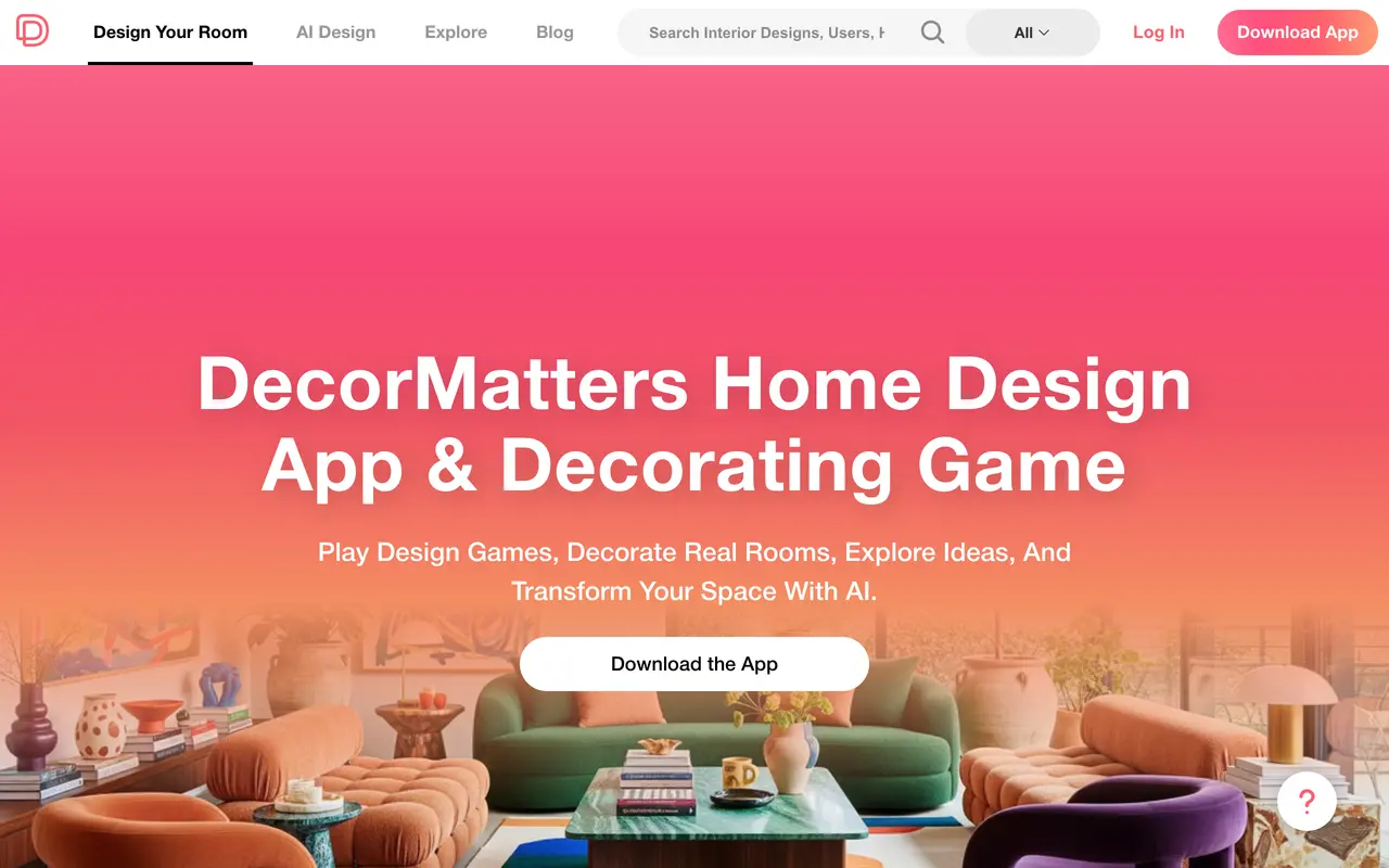 The DecorMatters landing page headlined DecorMatters home design app and decorating game, inviting visitors to play design games, decorate real rooms and explore ideas, with a download the app button