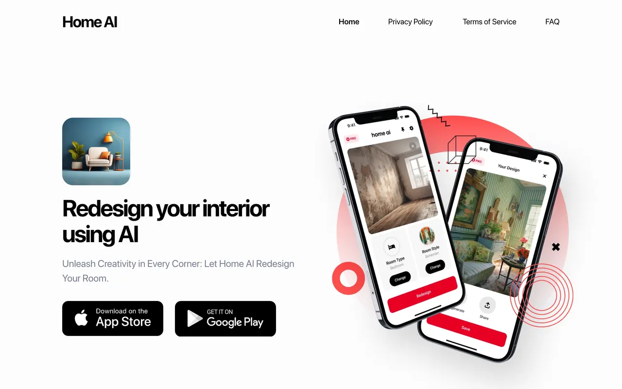 The homeinterior.ai landing page for Home AI, headlined redesign your interior using AI, with App Store and Google Play download buttons beside a phone mockup showing the app
