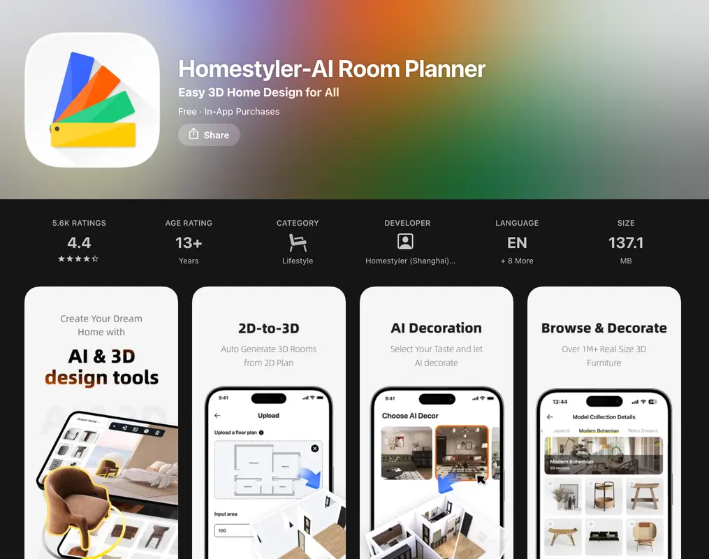 The Homestyler AI Room Planner App Store listing showing 5.6 thousand ratings at 4.4 stars, a 13 plus age rating, the Lifestyle category, developer Homestyler Shanghai and a 137.1 megabyte size, above screenshots for AI and 3D design tools, 2D to 3D auto generation and AI decoration