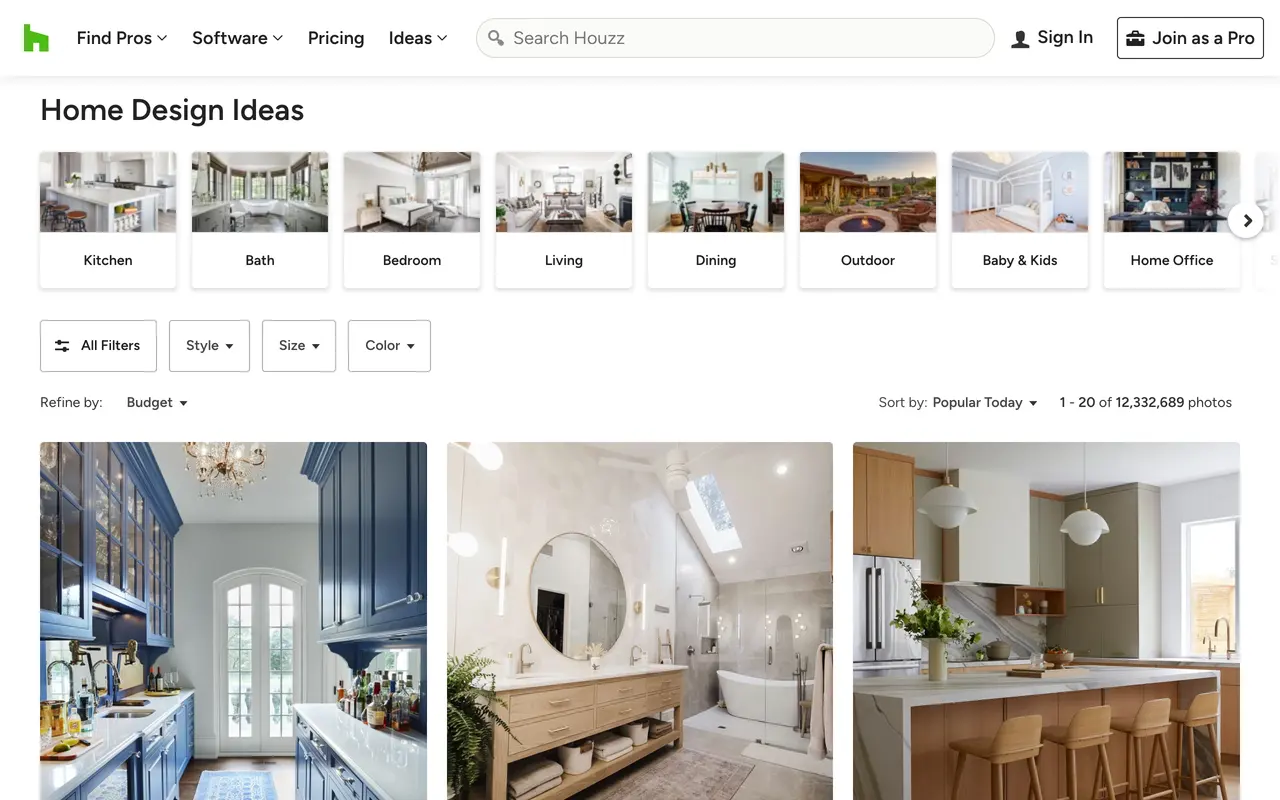 The Houzz photos section showing a browsable grid of real kitchen and bathroom photographs with filters for room, style, size and colour
