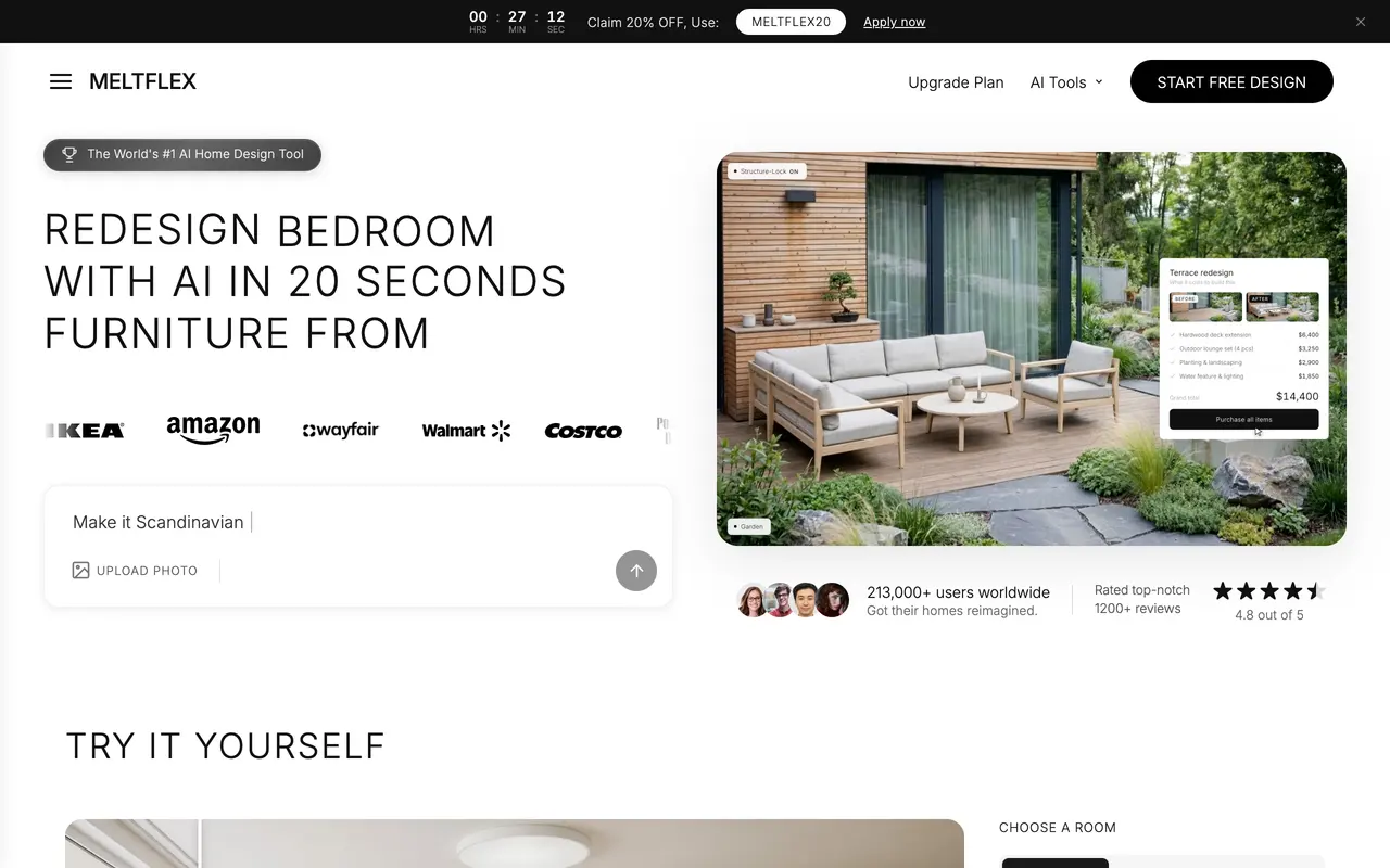 The MeltFlex create page, showing a bedroom being redesigned with AI in 20 seconds and retailer logos for IKEA, Amazon, Wayfair, Walmart and Costco under the headline