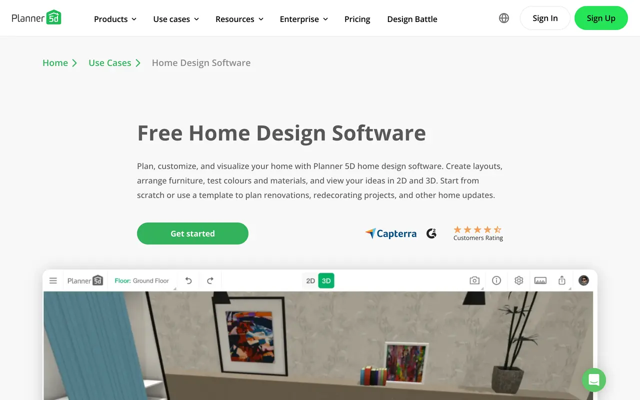 The Planner 5D home design software page headlined free home design software, describing creating layouts, arranging furniture and testing colours and materials in 2D and 3D, with a Capterra rating badge
