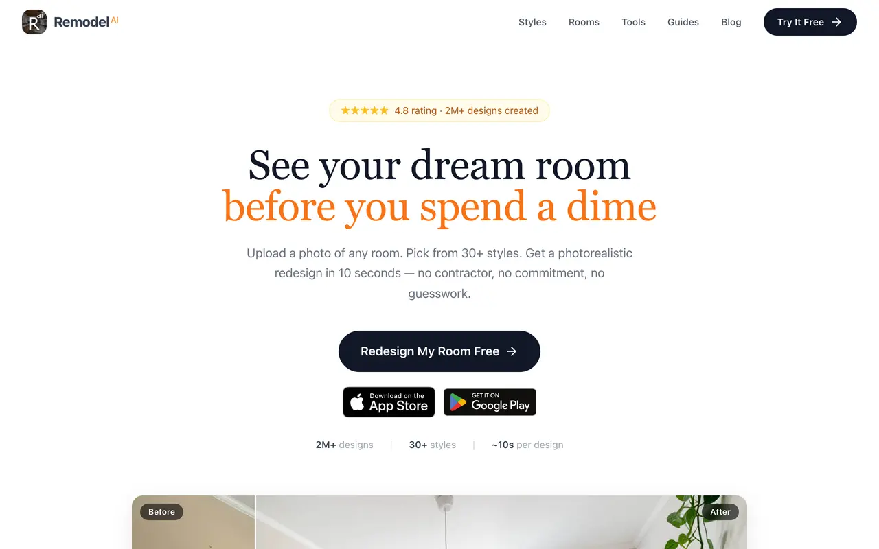 The remodelai.io landing page headlined see your dream room before you spend a dime, with a redesign my room free button and App Store and Google Play badges