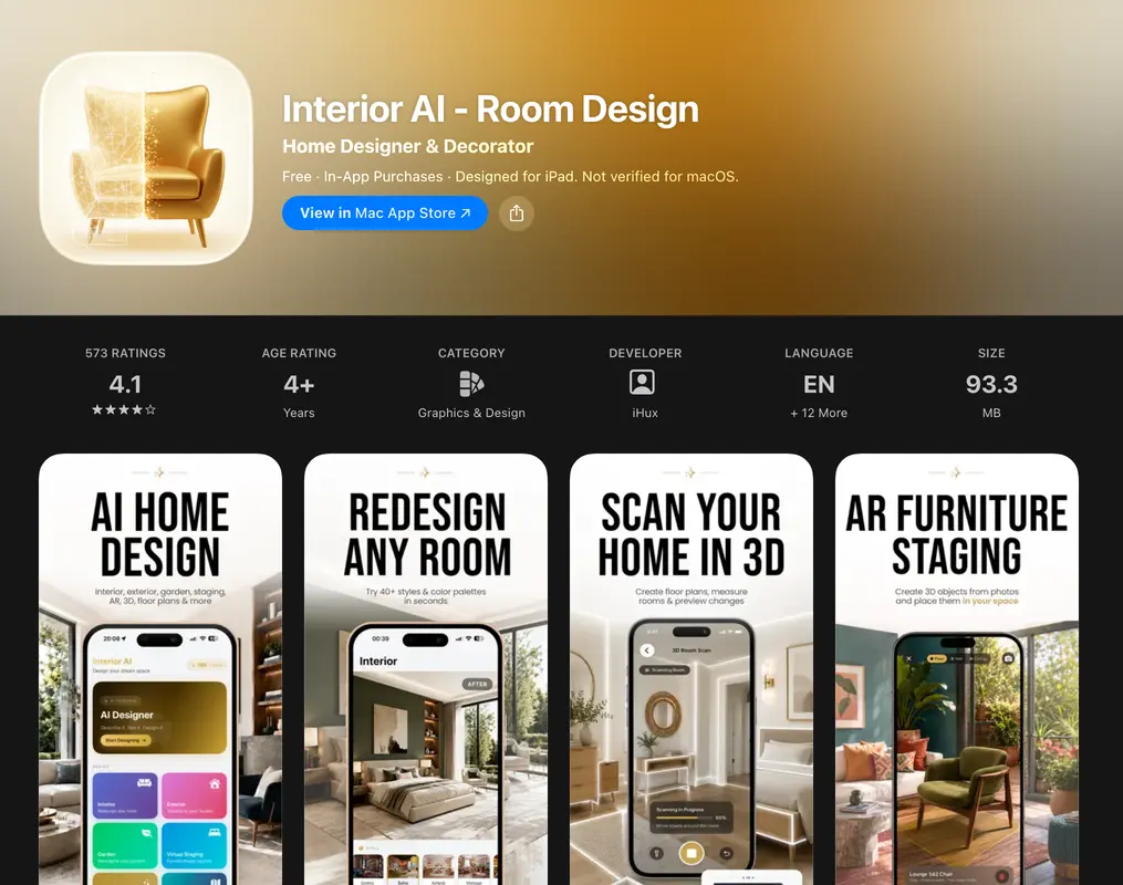 The Interior AI Room Design App Store listing showing 573 ratings at 4.1 stars, developer iHux, a 93.3 megabyte size, and screenshots headed AI home design, redesign any room, scan your home in 3D and AR furniture staging