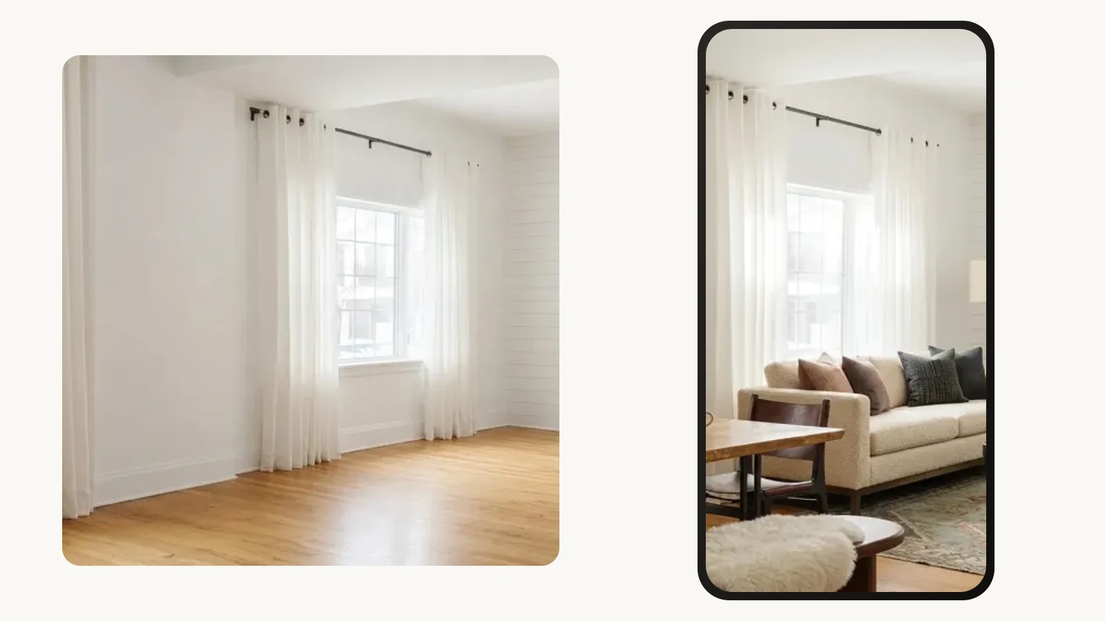 An empty white living room with a sash window and floor-length sheer curtains beside a phone showing the identical room furnished with a cream sofa, dark timber dining table and patterned rug, with the same window, curtain rod and floorboards visible in both
