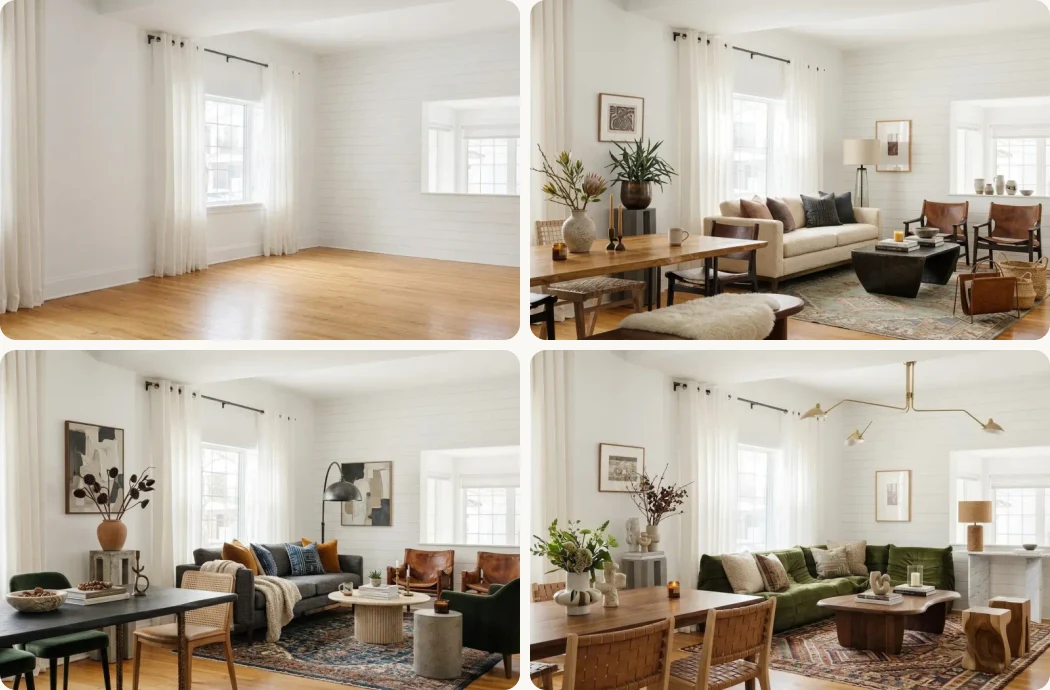 A four panel grid showing the same white living room with two sash windows and a wide doorway: first empty with bare floorboards, then furnished three ways with a cream sofa and leather chairs, a charcoal sofa with a round marble table, and a deep green modular sofa with woven dining chairs