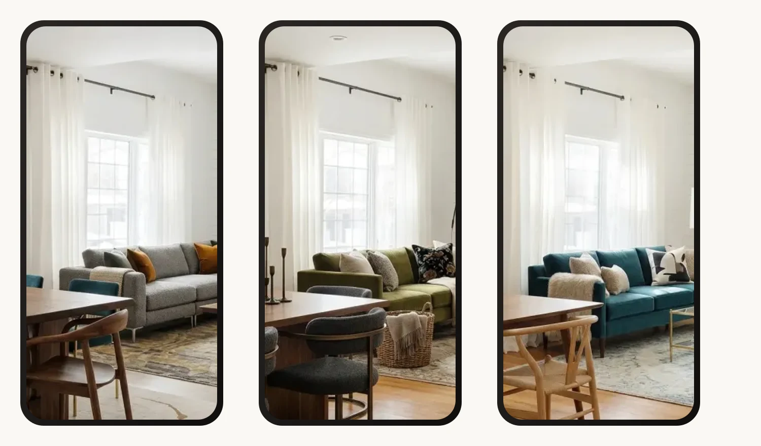 Three phones side by side, each showing the same white living room with a sash window and sheer curtains furnished differently: a grey sofa with ochre cushions, an olive green sofa with a woven basket, and a teal sofa with a pale oak dining chair