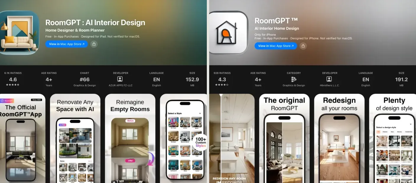 Two App Store listings side by side, both named RoomGPT: the left one from developer AZUR APPS FZ-LLC with 6.1 thousand ratings at 4.6 stars whose first screenshot reads The Official RoomGPT App, the right one from developer Hbrothers L.L.C. with 928 ratings at 4.3 stars whose screenshot reads The original RoomGPT