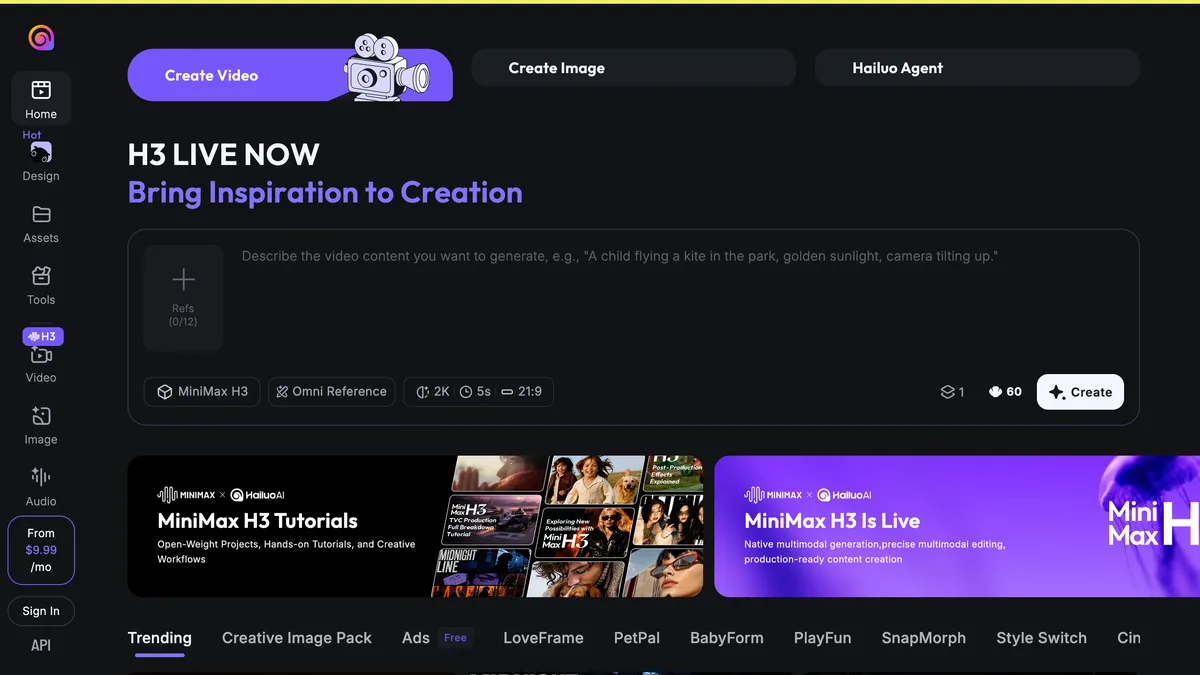 Hailuo AI video platform with the MiniMax H3 model live, 2K output and a create video composer