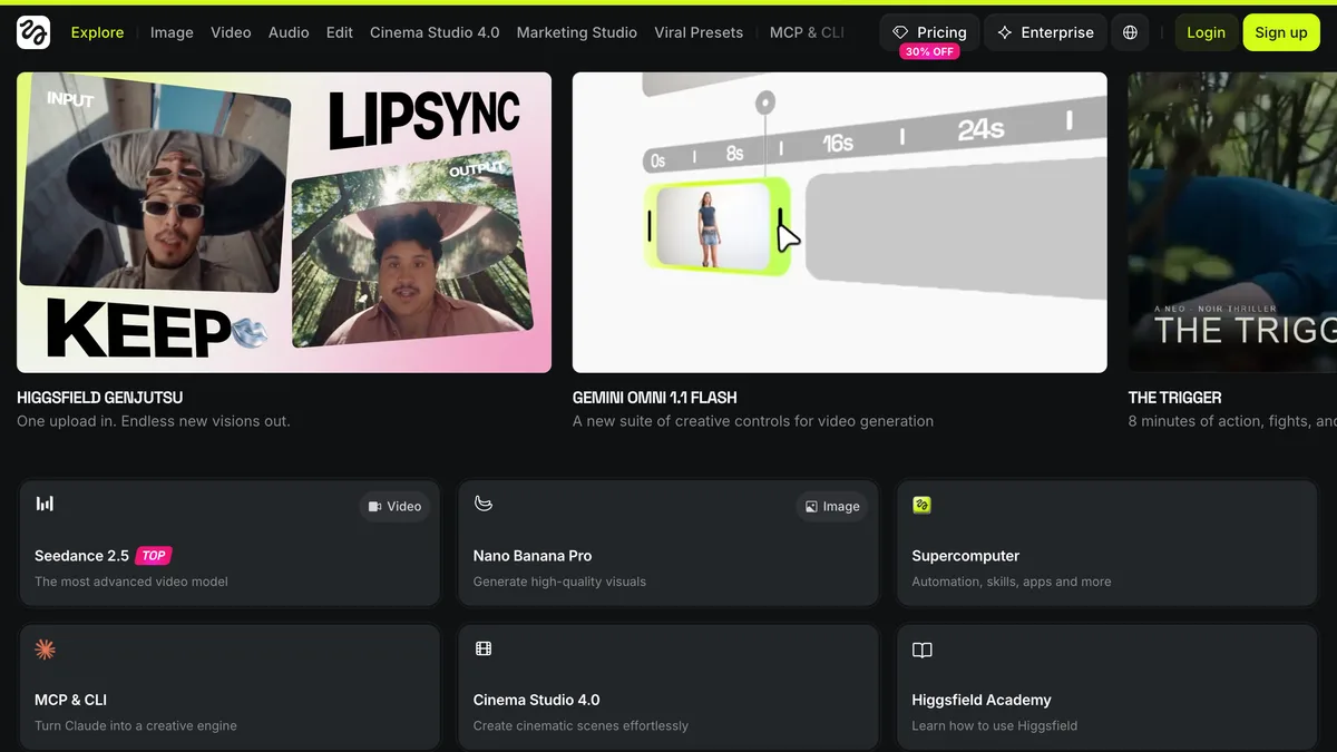 Higgsfield homepage showing its hosted model lineup including Seedance 2.5, Gemini Omni video controls and Cinema Studio