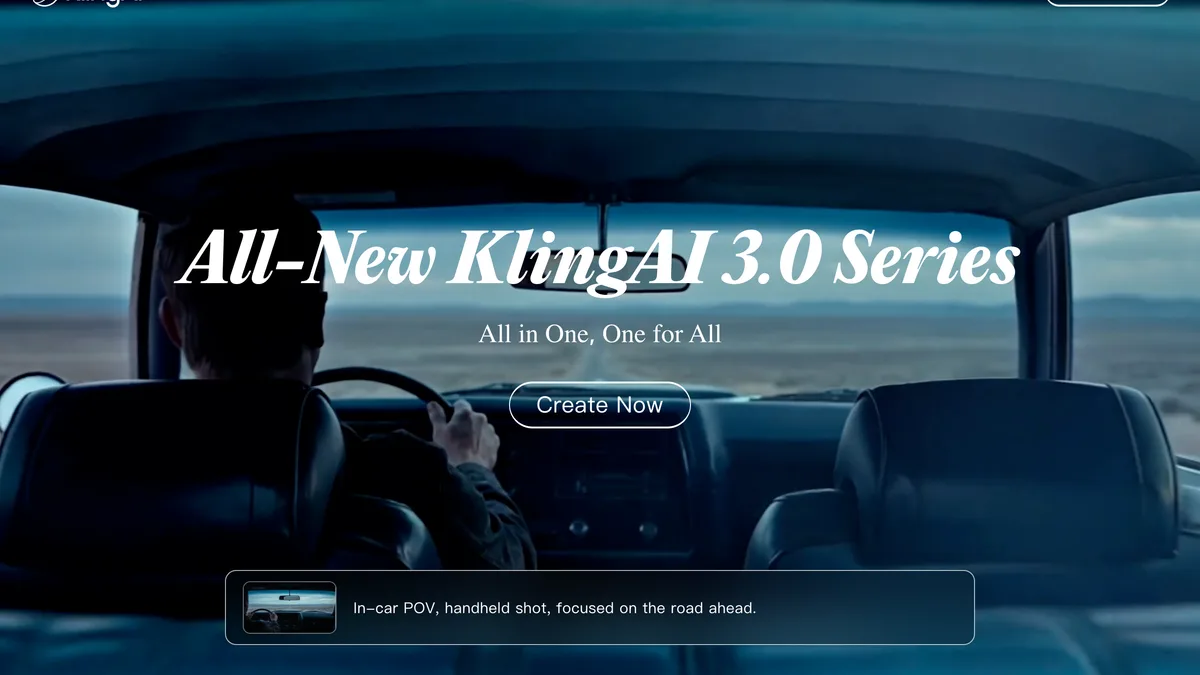 KlingAI 3.0 series landing page with an in-car POV cinematic shot and a Create Now button
