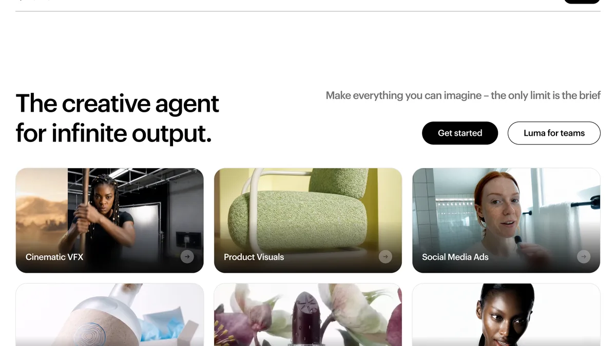 Luma AI page positioning its creative agent with cinematic VFX and product visual examples