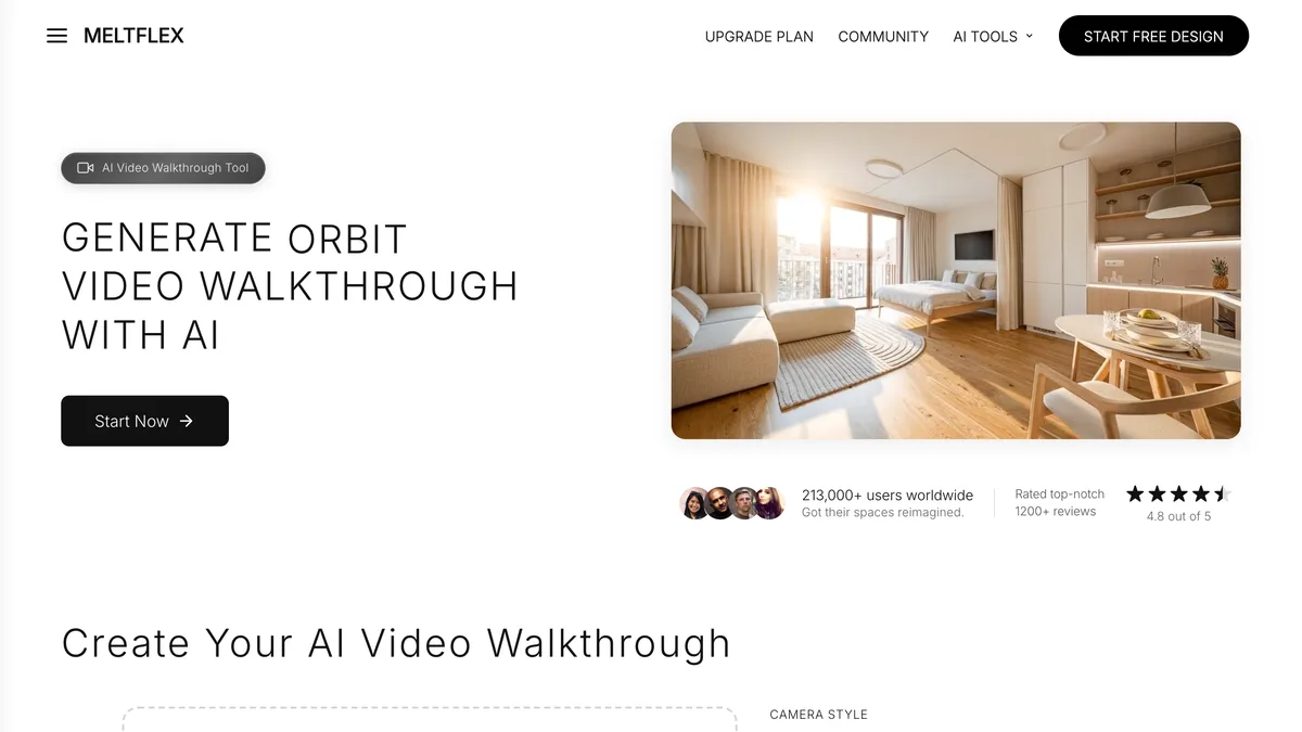MeltFlex AI video walkthrough tool page with a staged apartment photo and a camera style selector