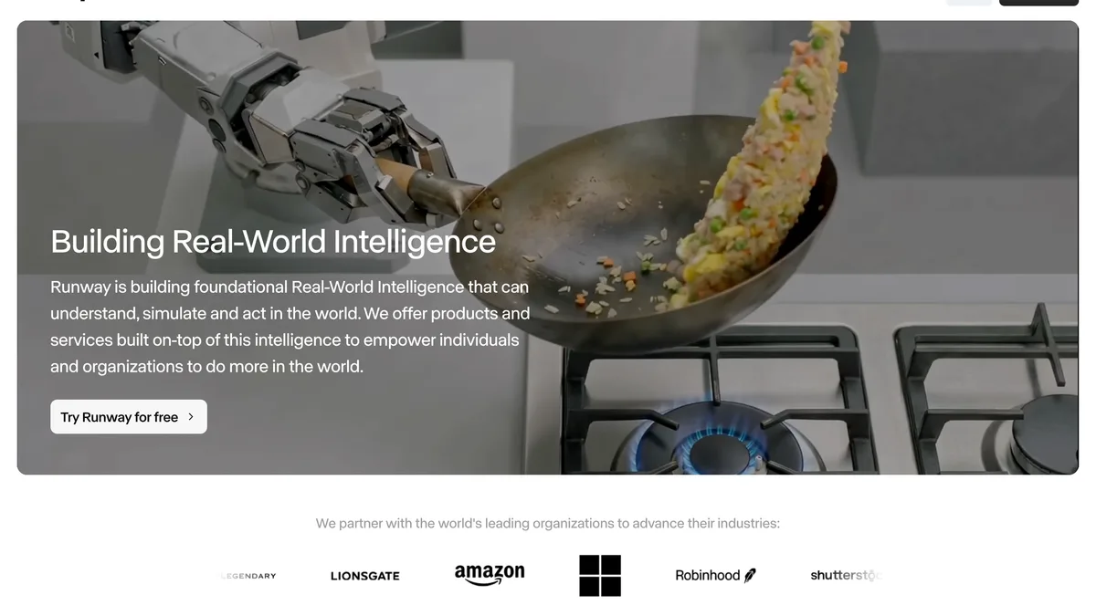 Runway landing page describing real-world intelligence models with a Try Runway for free button