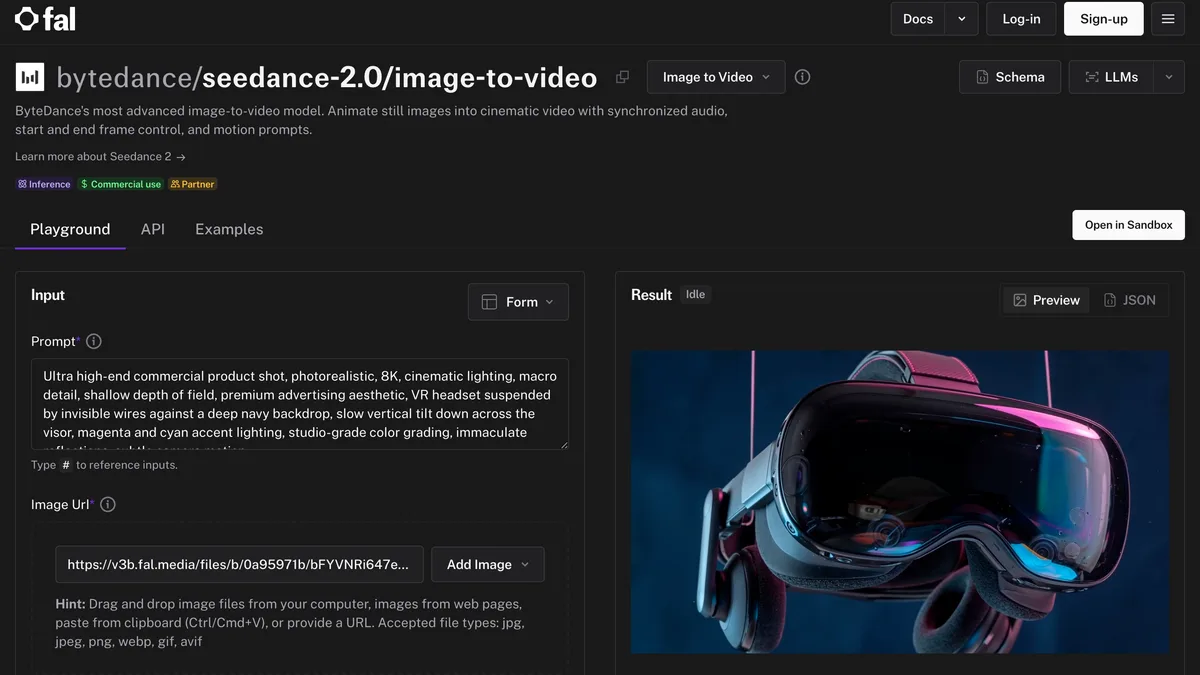 Seedance 2.0 image to video model page on fal with start and end frame control and a playground