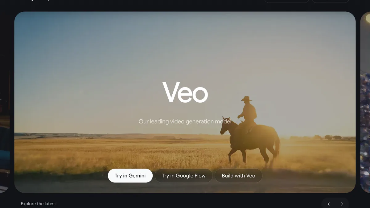 Google DeepMind Veo page with Try in Gemini, Try in Google Flow and Build with Veo buttons