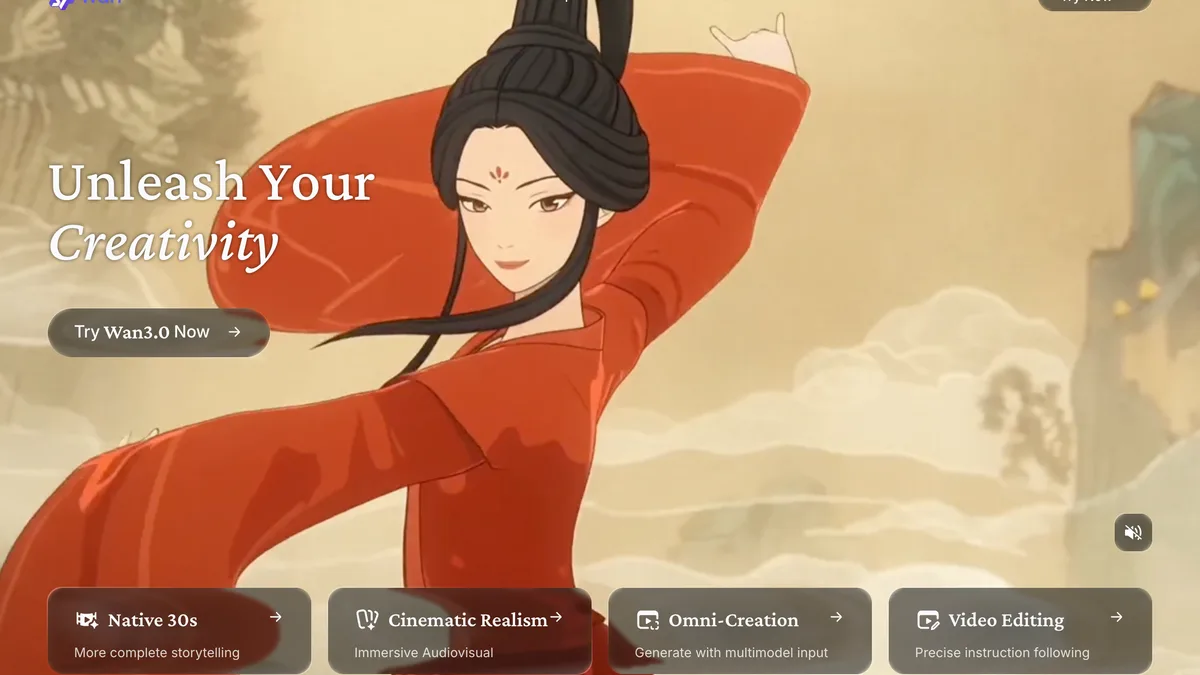 Wan video model site with Try Wan 3.0 button, native 30 second clips and cinematic realism features