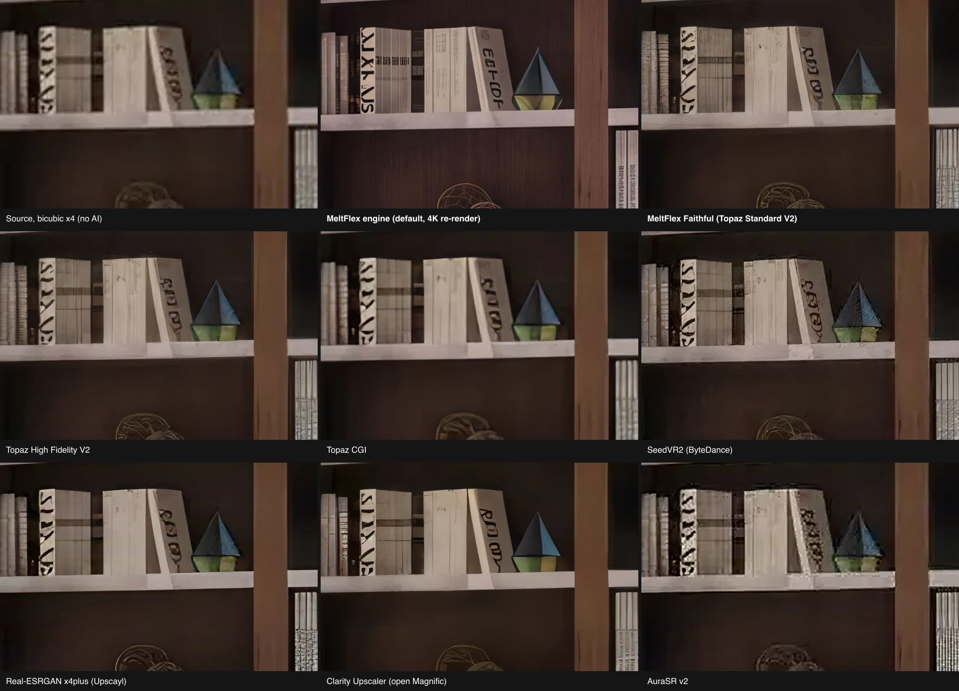 Nine 100% crops of the same bookshelf: the MeltFlex engine gives the spines readable type and keeps the wire ornament on the lower shelf; the pixel engines keep the smeared spines exactly as they were