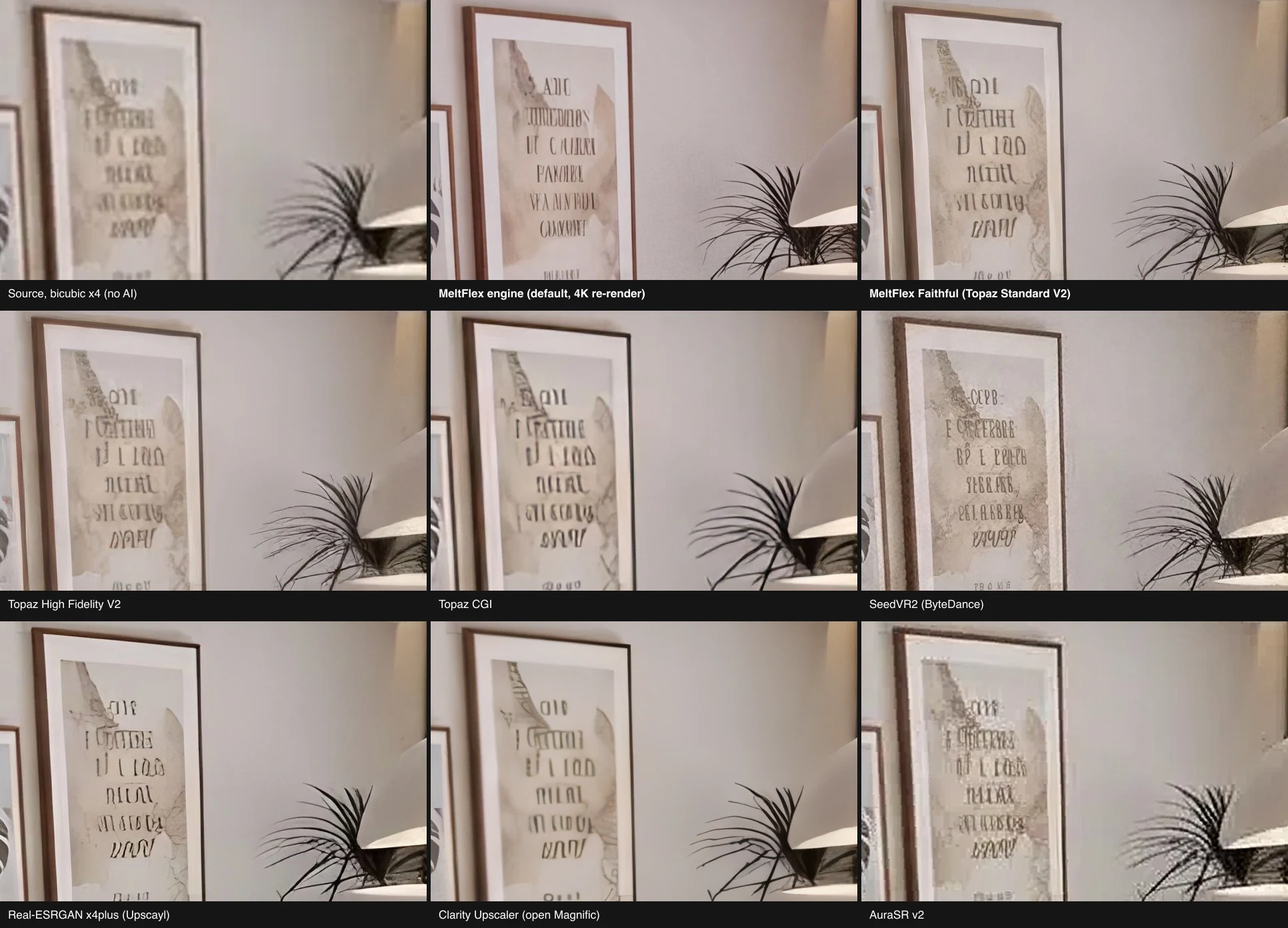 Nine 100% crops of the same wall poster: bicubic source, MeltFlex engine with legible lettering, MeltFlex Faithful, Topaz High Fidelity, Topaz CGI, SeedVR2, Real-ESRGAN, Clarity and AuraSR