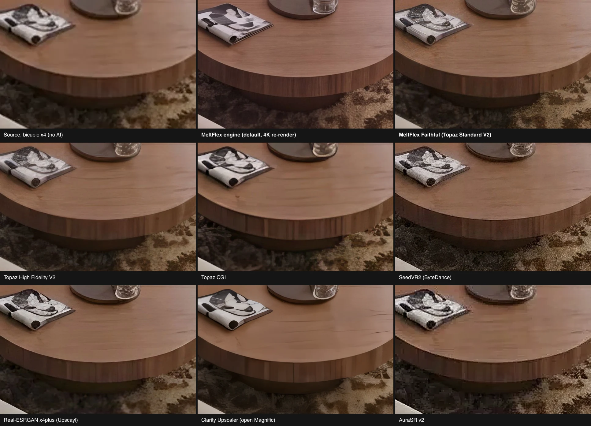 Nine 100% crops of a patterned rug under a walnut coffee table: SeedVR2 oversharpened and crunchy, Clarity smoothed to paint, Topaz Standard V2 keeps pile and wood grain