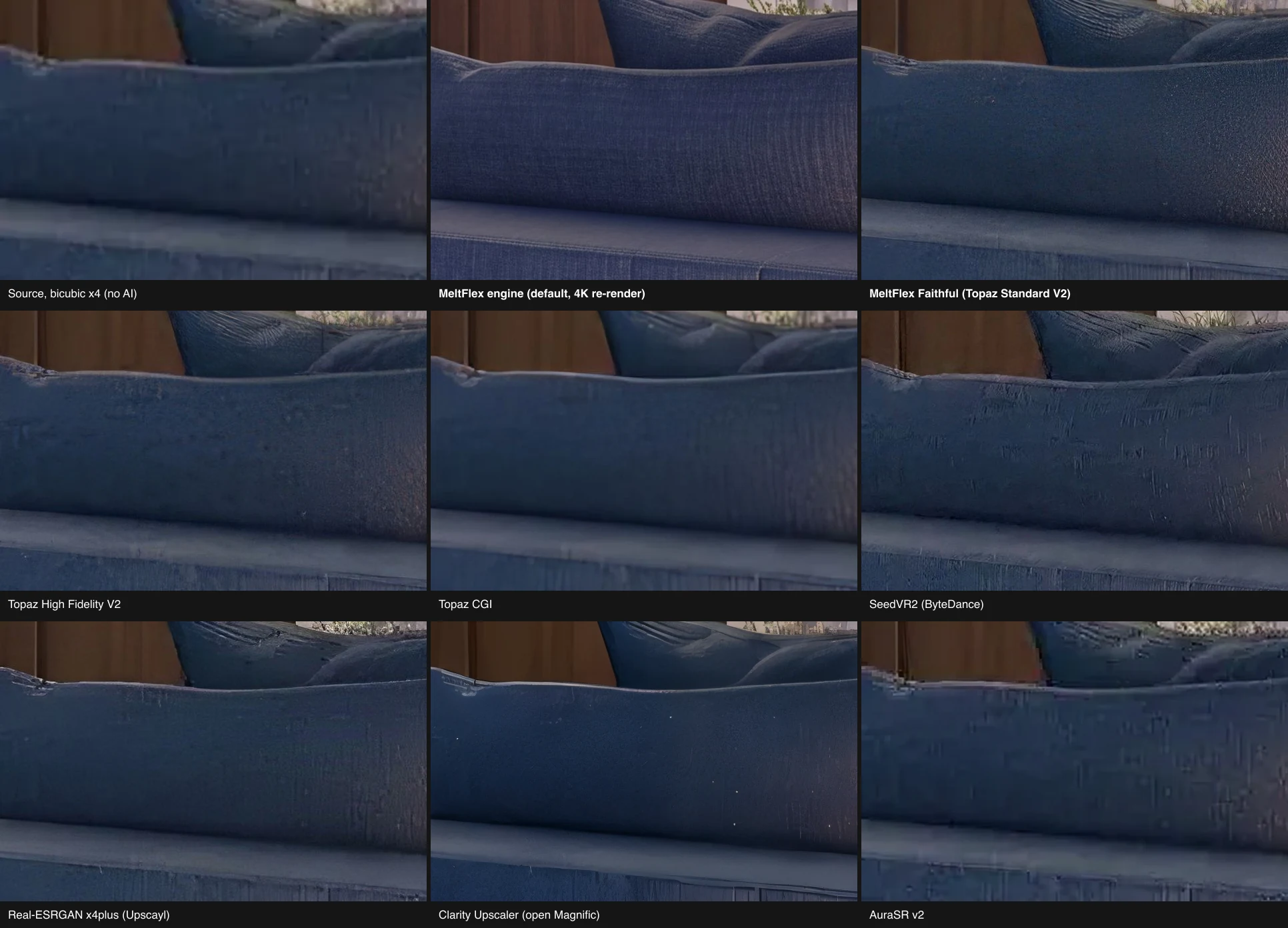 Nine 100% crops of a plain blue sofa arm: SeedVR2 shows vertical scratch streaks, Clarity shows white specks, Real-ESRGAN is plastic-smooth, Topaz Standard V2 shows a fine even grain