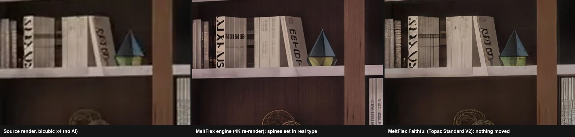 The same 160 by 105 pixels of a bookshelf render at 4x, 100% crop: bicubic with no AI, the MeltFlex engine with the book spines set in legible type, and MeltFlex Faithful (Topaz Standard V2) with every shape kept as it was