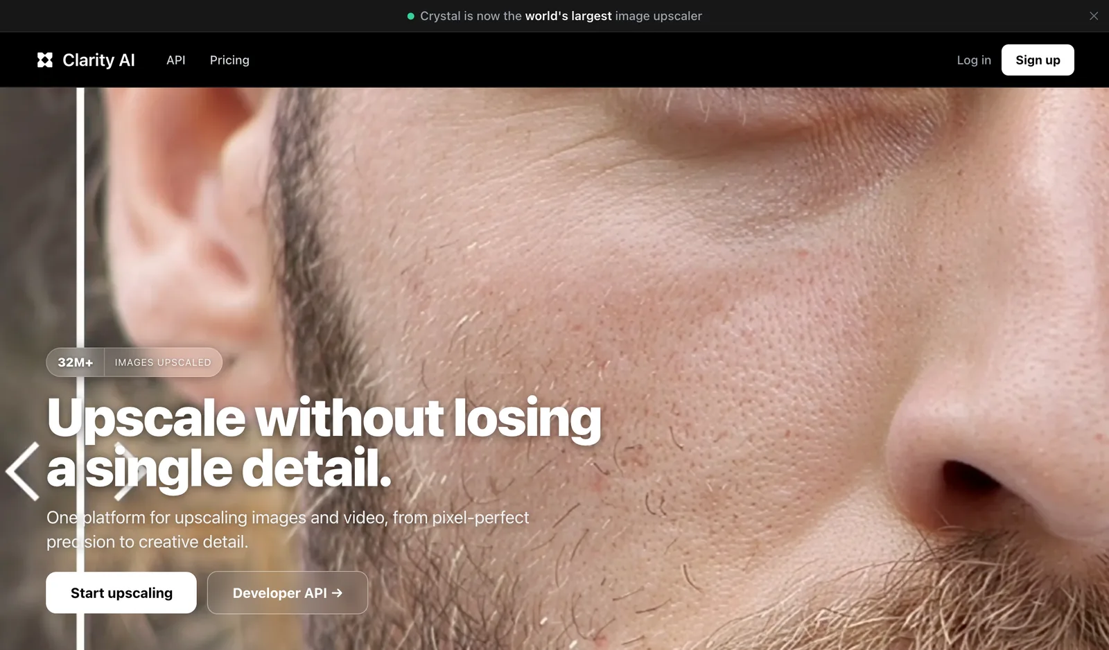 Clarity AI homepage: upscale without losing a single detail, 32 million images upscaled, by philz1337x