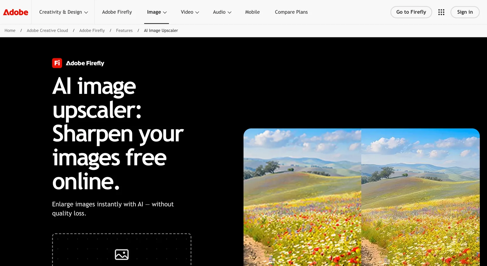 Adobe Firefly AI image upscaler page: sharpen your images free online, upload your image, generative upscale 2x or 4x