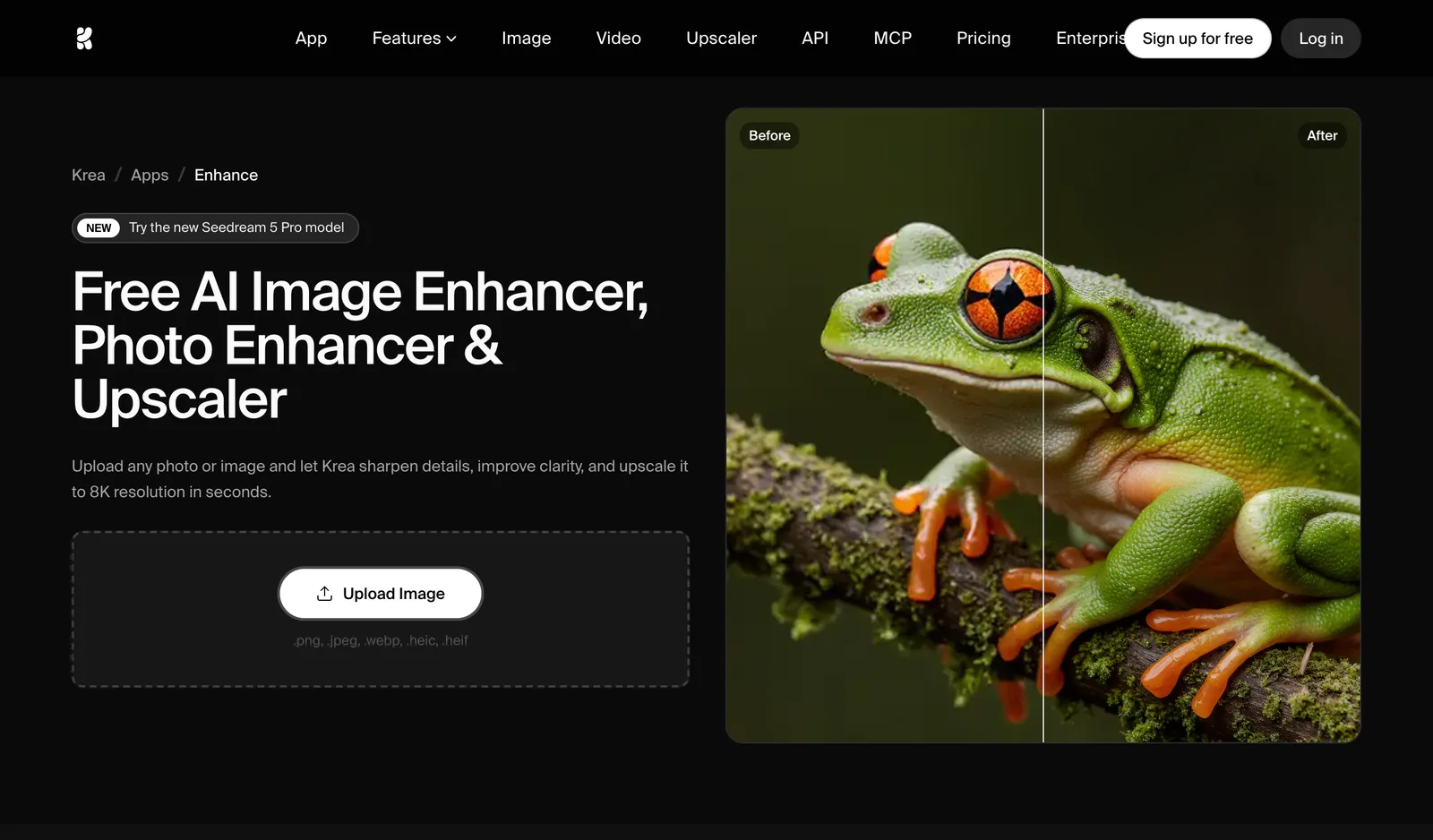 Krea Enhance page: free AI image enhancer, photo enhancer and upscaler to 8K resolution, with a before and after frog