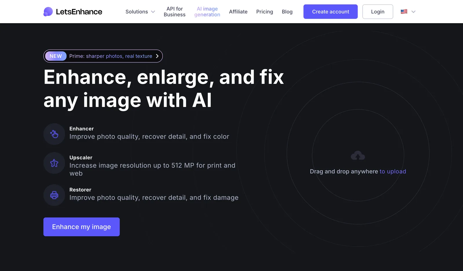 Let's Enhance homepage: enhance, enlarge and fix any image with AI, upscaler to 512 MP for print and web