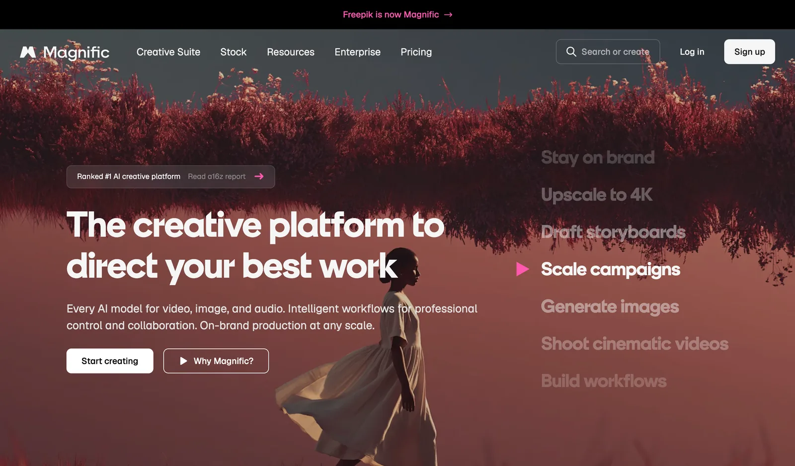 Magnific homepage inside Freepik: the creative platform to direct your best work, with Upscale to 4K in the feature list