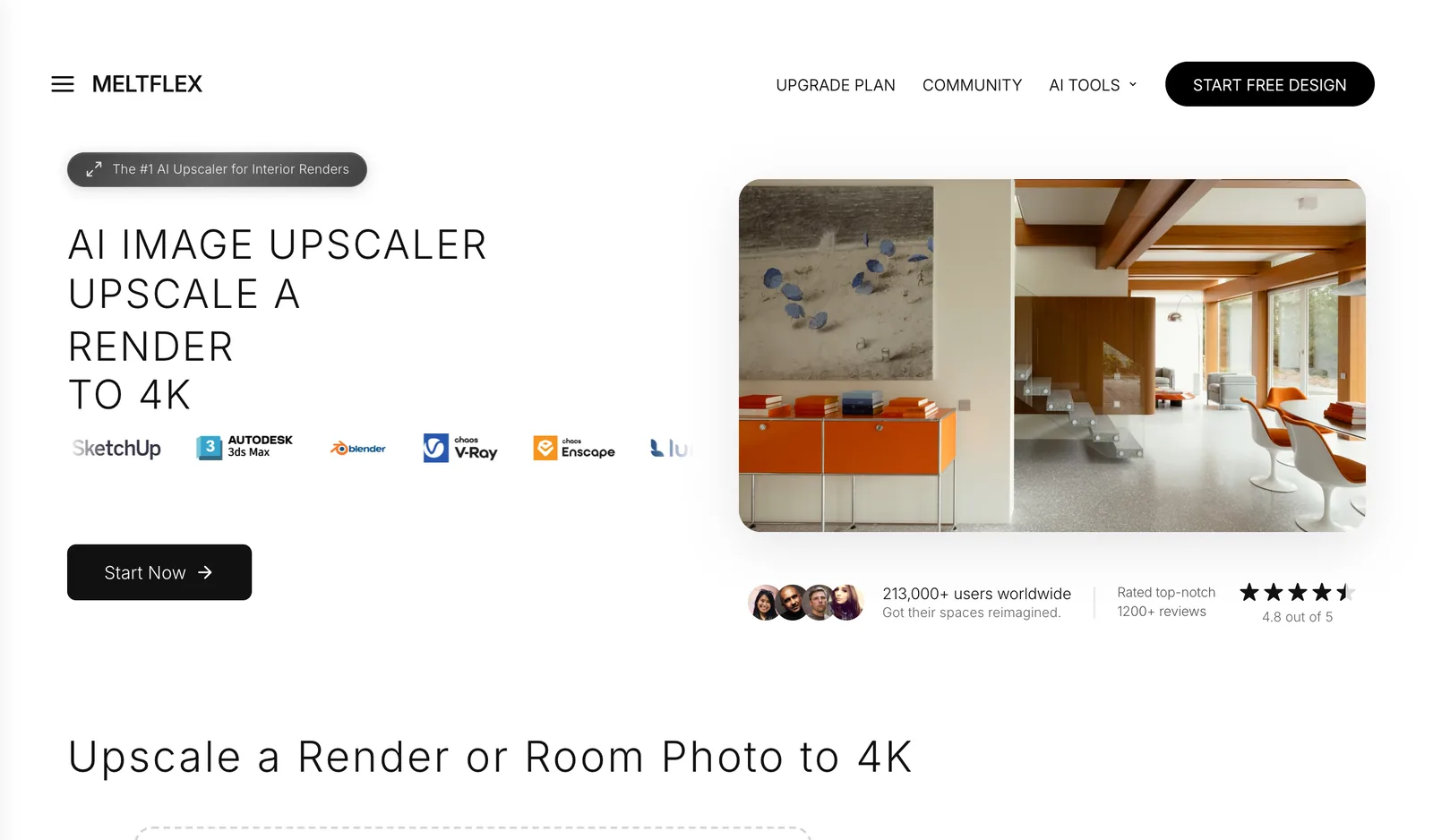 MeltFlex AI Image Upscaler page: upscale a render or room photo to 4K, with the logo row of 3ds Max, Blender, V-Ray, Enscape and Lumion and the 2K or 4K picker