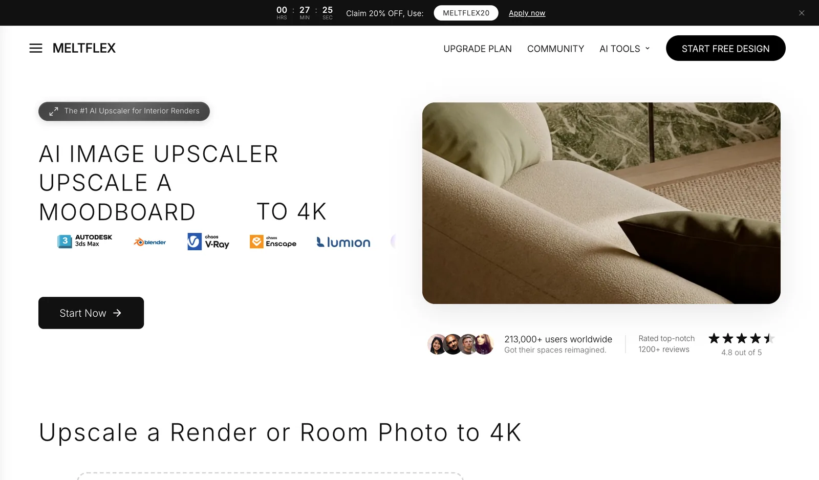 MeltFlex AI Image Upscaler page: upscale a moodboard to 4K, with the logo row of 3ds Max, Blender, V-Ray, Enscape and Lumion and the engine and scale picker