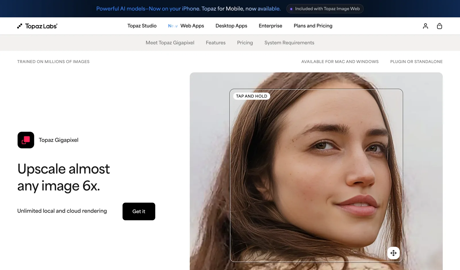 Topaz Gigapixel homepage: upscale almost any image 6x, unlimited local and cloud rendering, plugin or standalone
