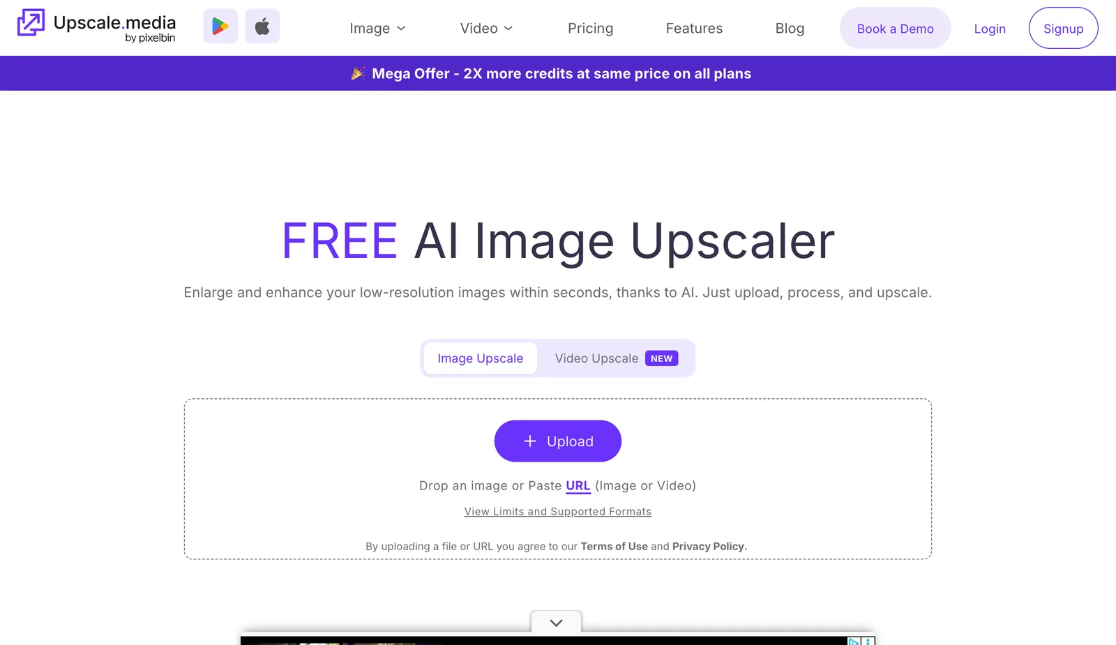 upscale.media homepage: free AI image upscaler by Pixelbin with image and video upscale tabs and a mega offer banner