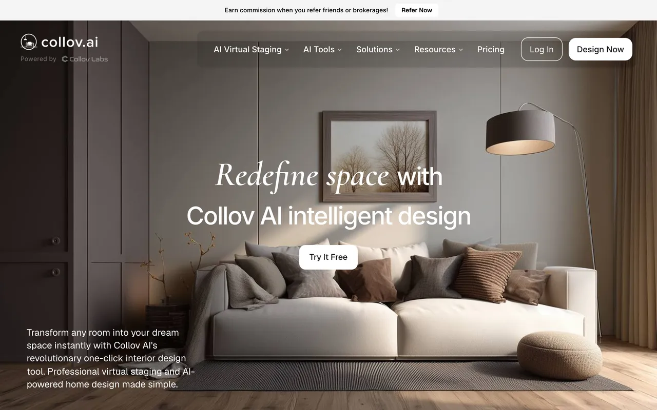 Collov AI landing page for one-click AI virtual staging and interior design aimed at real estate