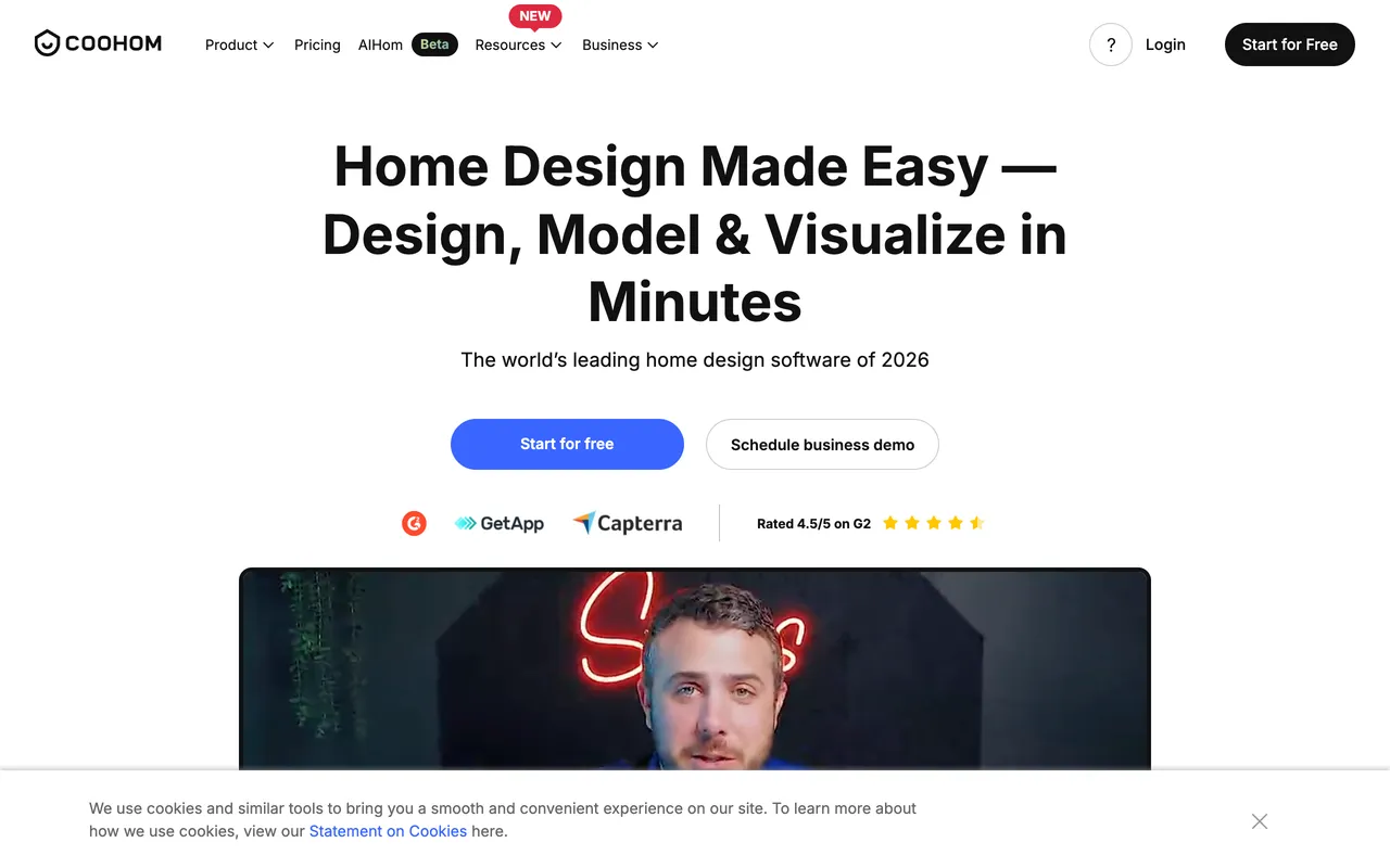 Coohom landing page for 3D home design, modeling, and visualization with real furniture