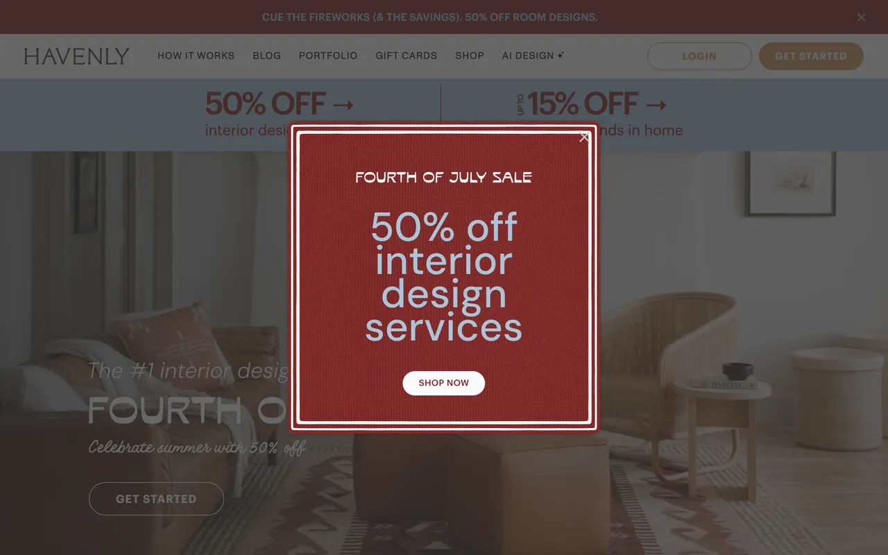 Havenly landing page for affordable online interior design with a personal designer