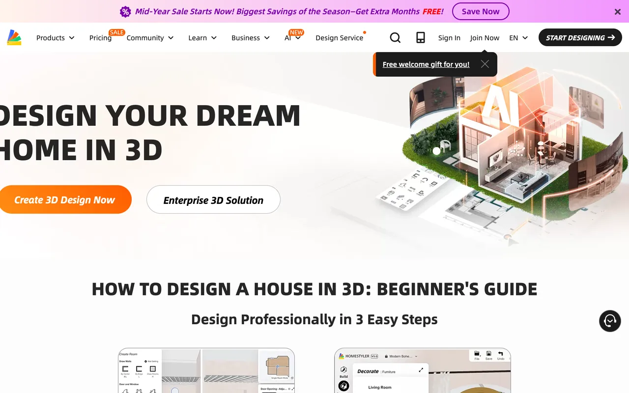 Homestyler landing page with free 3D home design and a 300,000+ furniture model library