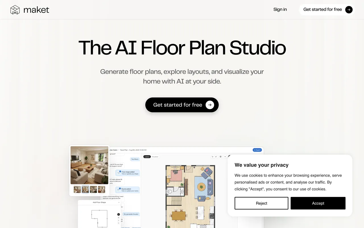 Maket AI landing page, the AI floor plan studio for generating layouts and visualizing a home