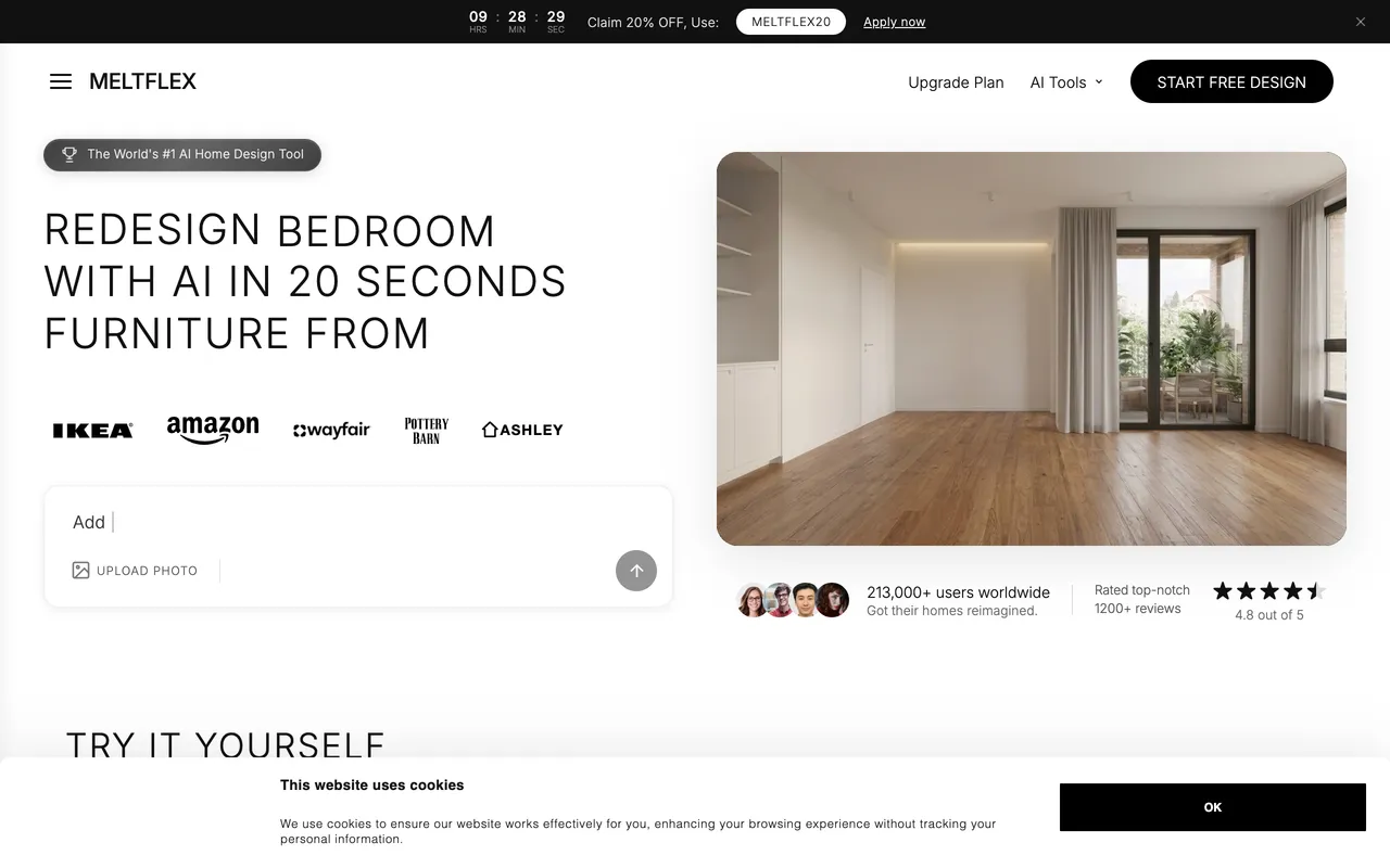 MeltFlex landing page, the world's #1 AI home design tool, redesign a room with AI in 20 seconds with real furniture from IKEA, Amazon, Wayfair, Pottery Barn, and Ashley