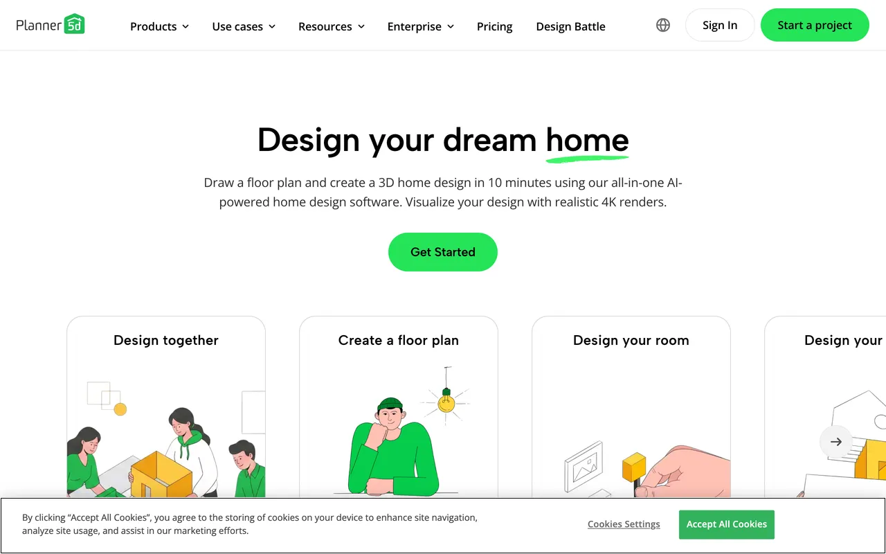 Planner 5D landing page for drawing 2D floor plans and converting them to 3D home designs