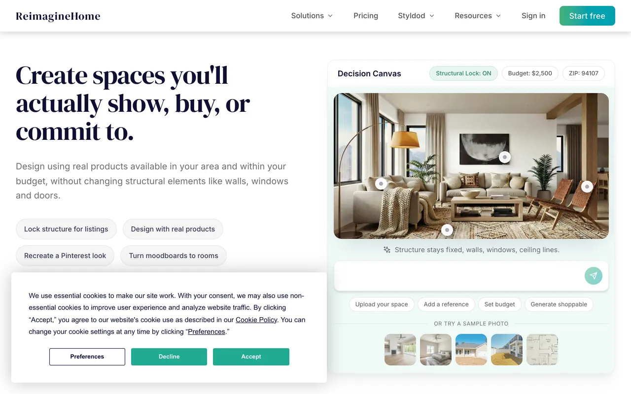 REimagine Home landing page for AI interior, exterior, and landscaping redesign