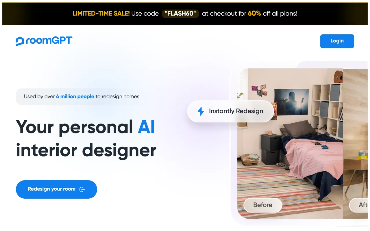 RoomGPT landing page, upload a room photo and pick a style for an instant AI redesign