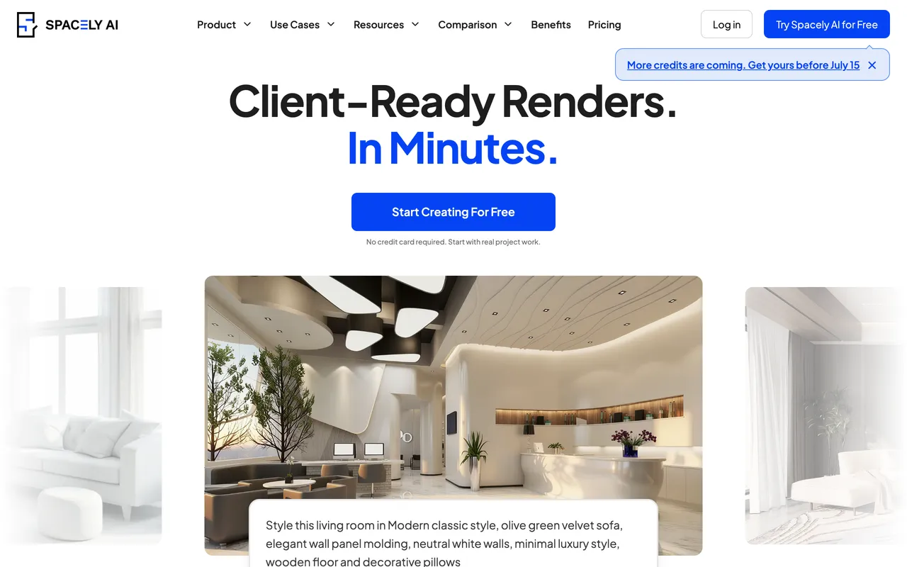 Spacely AI landing page promising client-ready AI interior renders in minutes with a free tier