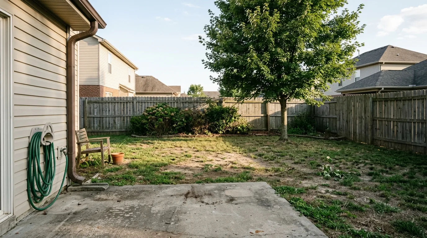 An ordinary American suburban back yard with patchy lawn, a stained concrete patio slab, a weathered timber privacy fence and one mature maple tree, the before photo used for the AI landscape design tests