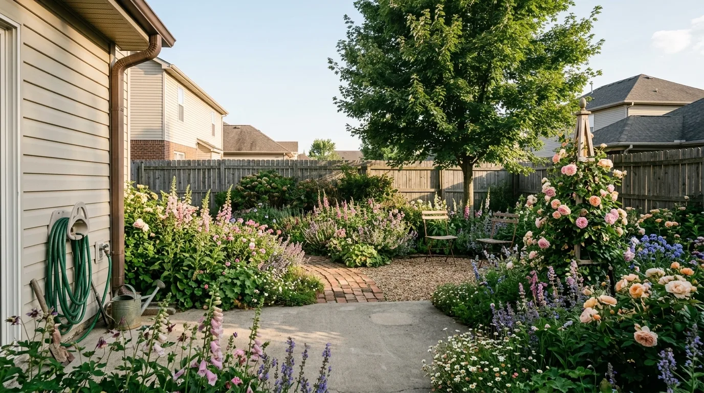 AI landscape design render of an English cottage garden back yard with deep mixed borders of foxglove, catmint and roses and a reclaimed brick path
